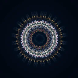 2d Kaleidoscope recursive made of a metallic random color ribon circle ring turning many times in side of a bigger circle with random points in first circle making line art,blue gray tema background