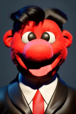 Waist up muppet Portrait, Kim Jong-un muppet doll, black suit, photo studio, red background, unreal engine 5, concept art, art station, ray tracing, lumen lighting, ultra detail, volumetric lighting, 3d.