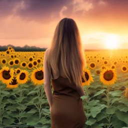 woman, back view, long brown dress, blond hair, sunflower field, sunset