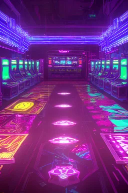 A dark photo of a full panoramic view an 80's aesthetics arcade at night, with a lot of functioning arcade machines, a vaporwave floor and some colorful tiles in between the floor. Purple aesthetics.