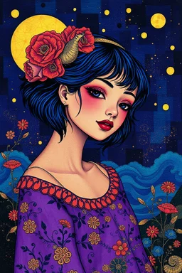 Surreal-dadaism of ghottic lovely urban young lady, fauvism mondrial by Ross Draws,Andy Kehoe, Hokusai, deep blue, deep purple,gold foil, zentangle art by Norman Rockwel