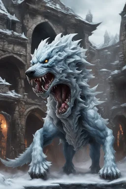 frost hellhound with hydra multiheaded in ruins of medival town