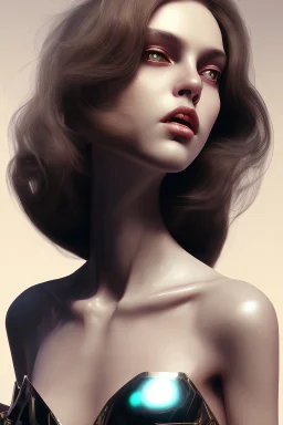 young, beautiful brunette with a perfect angry face, wearing black off shoulder dress, in a dance club, hands on her hips, sharp focus, emitting diodes, smoke, artillery, sparks, racks, system unit, motherboard, by pascal blanche rutkowski repin artstation hyperrealism painting concept art of detailed character design matte painting, 4 k resolution blade runner