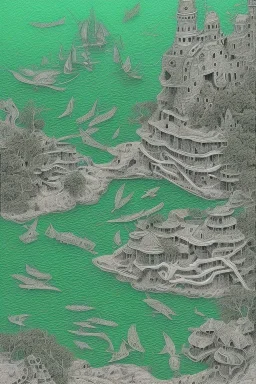 a GREEN INK DRAWING, by M. C. ESCHER, mixed media, textured, TULUM SEA SHORE WITH MODERN FISHING BOATS FLOATING ON THE SEA, sharp focus, highly detailed