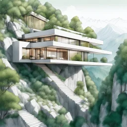 Architectural drawing of spectacular views of a modern house suspended on the side of a mountain, using light and resistant materials. Hyper detailed, ultra quality. green trees