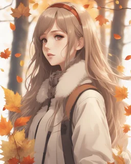 A young girl with long hair and autumn clothes in the autumn forest, beautiful portrait anime