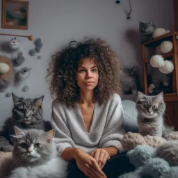 Portrait of woman with curly hair sitting in room full of clouds and fluffy kittens