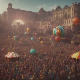 Ultra realistic circus scene. Woodstock style, woman dancing, happy, color bubbles, smooth color, waist up view, Wes Anderson style, a lot of people background, highly detailed, concept art, unreal engine 5, god rays, ray tracing, RTX, lumen lighting, ultra detail, volumetric lighting, 3d, finely drawn, high definition, high resolution.