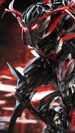 A close picture to Mix between transformers and spider venom symbiote in dreamshaper finetuned model with dynamic art style witg with red details detailsis in fantasy world