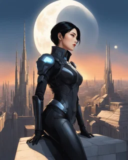 A slim Woman With Black Hair, Wearing an android-looking suit, standing sideways On a ledge of a building, with a waning moon Behind Her Head, towering spires and buildings highlighted by the setting sun