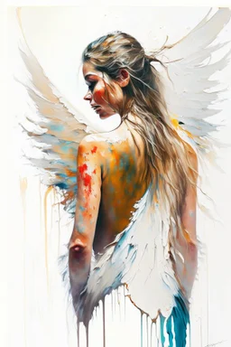 A detailed illustration of a beautiful young female human with growing out of her back. Her skin, hair and face are all made of paint. Her wings are spread. Front view. Highly detailed flawless facial features and eyes. Abstract Oil painting splash art. White background, wide angle, abstract design, beautiful, thick flowing paint strokes, dripping paint, fantasy art, modern art, ((soft happy complimentary colors,)) modern aesthetic, focused on the character, 4K resolution.