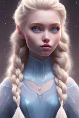 20 year old girl, cute, beautiful, blonde hair, Elsa braid, blue eyes, big eyes, pale skin, blue dress, ice dress, long eyelashes, pink lipstick, thin lips, small nose, 8k resolution concept art portrait by Greg Rutkowski