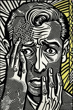 tribal man in grief with hands on face pencil draw style of roy lichtenstein