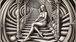 In a mesmerizing fusion of reality and illusion, an intricately looping figure twists and turns in impossible ways, inspired by M.C. Escher. This mind-bending image is a finely detailed lithograph, showcasing impeccable craftsmanship and skill. The subject, a figure seemingly trapped in an Escher-esque world of optical illusions, is rendered with exquisite precision. The attention to detail and depth of perspective create a captivating and immersive experience for viewers, inviting them to explo