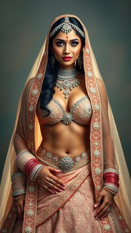 A stunningly powerful South Asian bride, her muscles visible beneath the intricate folds of a designer bridal dress. The bridal makeup highlights her features, emphasizing her beauty and strength. This striking image, whether a painting or a photograph, exudes elegance and power. The bride's muscular physique perfectly complements the traditional bridal attire, creating a truly mesmerizing visual feast. The high-quality detail and vibrant colors bring this unique fusion of strength and beauty to