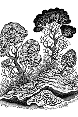 Surrealist ink drawing of corals, like a forest, strange fish swimming among them, black and white
