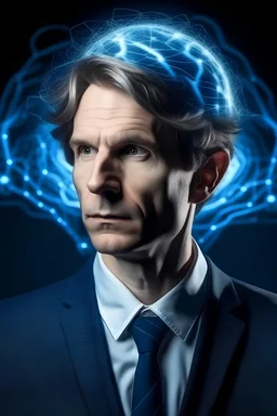 мужчина физик с короткими волосами и синем костюме белая рубашка с ручкой руке и глаза смотрят вверх 29 лет на фоне презентация по теме квантовой физике он самый умный и большая голова мега мозг