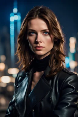 Woman with Brown Hair, Blue Eyes, Black Leather Coat, Black suit underneath, crossed arms, beautiful face, intense gaze, night, city Background, high detail, 4k, Matrix