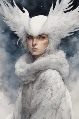 ink wash and watercolor illustration of a hybrid Snowy Owl girl with highly detailed feathers and facial features in the comic book style of Bill Sienkiewicz and Jean Giraud Moebius, with a fine art aesthetic, highly detailed , 4k UHD cinegraphic quality