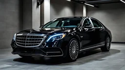 A black Mercedes-Benz Maybach parked in a luxury garage