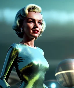 Ultra Realistic retro sci-fi 1960 scene, waist up view portrait, blonde woman, sweet young Marilyn Monroe face, perfect iris, tight latex coat, alien planet background, tight style, steel sphere dron levitating, fog, rain, soft color, highly detailed, unreal engine 5, ray tracing, RTX, lumen lighting, ultra detail, volumetric lighting, 3d, finely drawn, high definition, high resolution.