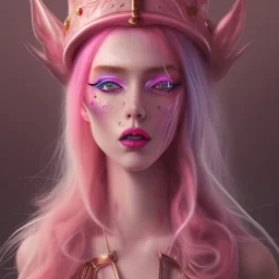 Beautiful pink witch made of fire with red eyes. Long curly wild pastel pink hair. Pink and red eyeshadow. Red lipstick. Freckles. Big pink witch hat.