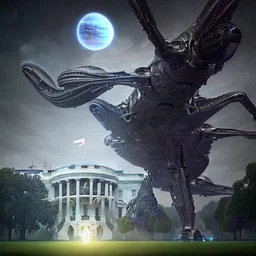 a alien craft that has landed on the white house lawn :: made of shiny obsidian glass :: reflective, glassy :: subtractive lighting, backlit :: by John William Waterhouse, Greg Rutkowski, HR Giger :: hyperrealistic, hyper detailed, photorealistic :: epic, incredible composition, amazing depth, meticulously composed, 16k resolution concept art :: fantasy magazine cover art