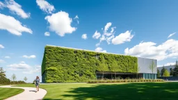A modern building with a green living wall and corrugated metal facade stands under a clear blue sky with scattered clouds. The building is surrounded by manicured lawns and gravel pathways. A lone woman walks on the path in the foreground, adding a sense of scale and human presence. The architecture is clean and geometric, with a contrast between the organic growth of the plants and the industrial materials of the building. The lighting suggests a bright, sunny day, with soft shadows and vibran