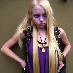 A girl with a purple gold hue around them with small bits of purple gold on their skin. They have long, dirty blonde hair and wear a tank-top with a jacket around their waist and jeans. They wear boots and have violate eyes.