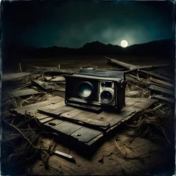 Photorealistic polaroid nothingness and distressing anguish old wooden wasteland, night Max Ernst Hieronymus Bosch, shot on Hasselblad, movie shot, nightmare, hypermaximalist, obsessive, hypnotic