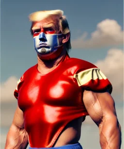 Realistic image of Donald trump wrestler, Mexican wrestling style, Mexican wrestling mask, chin and nose visibles, red and blue breeches, glow us flag dress, suspenders, retro style, 80s, vibrant color, highly detailed, sky background, concept art, unreal engine 5, god rays, ray tracing, RTX, lumen lighting, ultra detail, volumetric lighting, 3d, finely drawn, high definition, high resolution.