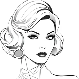Coloring page for adults of a elegant fashion model woman with simetric eyes and large hair, dynamic poses, full body portrait, thick and clean lines, clean details, no-color, no-turban, , non background, non color, non shading, no-grayscale