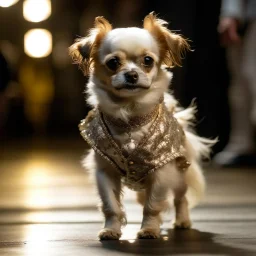 Dog wearing grich dress on the runway