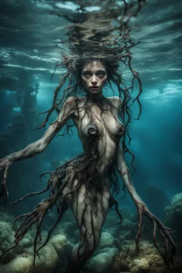 Market underwater, closeup siren with big eyes, ragged clothes, fullbody, his skin translucent, black veins that extended like roots, 8k,macro photography,