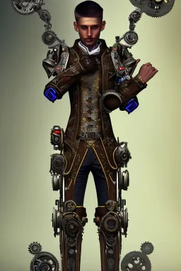 male quadriplegic ebony elf wearing a steampunk exoskeleton powered by gears, in fantasy style