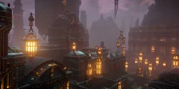 a beautiful steampunk city, tiny details, intricate, detailed, volumetric lighting, steam, rain, reflective