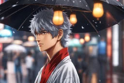 Gintoki in 8k 2D anime realistic drawing style, Gintama costum, close picture, rain, japan, highly detailed, high details, detailed portrait, masterpiece,ultra detailed, ultra quality
