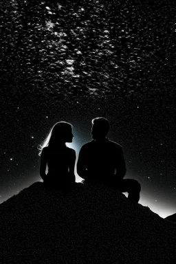 Black background on a mountaintop. A silhouette of a fit human man and a silhouette of a fit human woman sitting close to each other, looking at the stars. The man's arm is wrapped around the woman's shoulder.