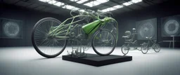 pinhole cam, weird geometry sacred, airbrush 3d rendering, integrated_multimodal_description: [Shot 1] A five-second cinematic single take in a clean industrial presentation hall. A bizarre mechanically plausible bicycle machine stands beside a presentation podium, designed to look like a giant mechanical praying mantis. Two large bicycle wheels form its main body and four thin articulated mechanical legs support it. Two long folded mechanical front arms resemble mantis forelegs.