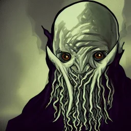 Cthulhu with white skin and a beard made of fleshy tentacles as a Russian Orthodox nosferatu vampire with yellow eyes and vampire fangs