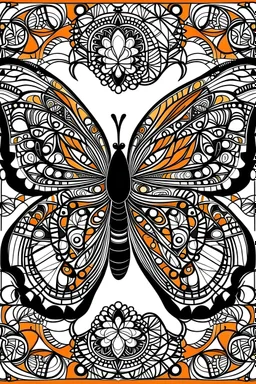 Easy Patterns Coloring page, butterfly, Calming and Unique Coloring page for Kids, and Creativity, Background of an orange, with geometric patterns, white and black