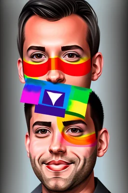 Portrait by a gay politician in his 30s he has pride colors painted in his face