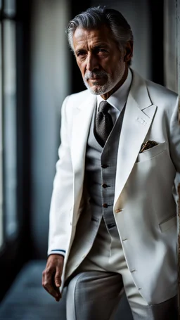 Portrait of a handsome older italian gentleman wearing crisp white linen suit, and an open necked shirt. His dark hair is peppered with grey, his neatly trimmed beard is dark and peppered with grey