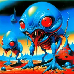 French surrealism animation art from 1970s, illustration of large blue alienoid creatures, mesmerizing, hallucinogenic tones, strange, creepy cutout style of animation of phantamosgoric giant blue alien with red eyes, Czech animation tradition, art by Roland Toper, Dali-esc environment, trance-like, Fantastic Planet aliens