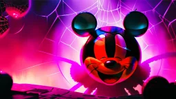 a spider mickey mouse hybrid, photorealism, movie screen capture, horror, sci-fi, retrofuturism, evil, demon-like