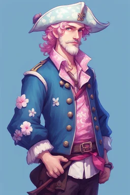 kind sailor, man, white slightly curly hair, pirate shirt, pink-azure clothes, pink-azure cocked hat in cold tones, white floral pattern on jacket, flower in hair, stardew valley style
