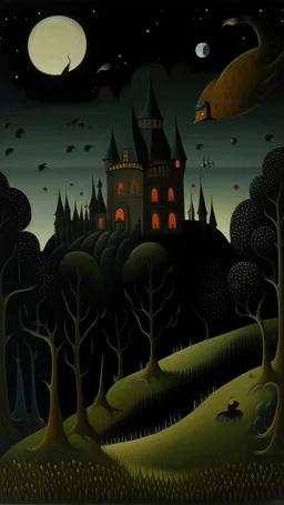 A black vampire castle in space painted by Henri Rousseau