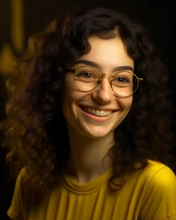 Jeune femme au sourire éclatant, longue et élancée, cheveux noirs bouclés et volumineux, porte de grandes lunettes rondes à la monture transparente. Elle porte un t-shirt de couleur jaune moutarde avec une chemise florale transparente. Rembrandt style lighting, 8k, portrait, HD.