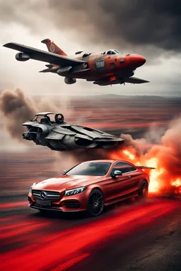 Fotorealistisch ein einzelnes völlig rostiges, verbeultes Mercedes Coupe der C-Klasse rast durch eine dystopische Endzeit-Landschaft auf den Betrachter zu während ein einzelnes knallrot lackiertes VTOL-Jagdflugzeug vom Typ Sea Harrier es darüber schwebend verfolgt