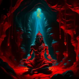 An oil painting of Hindu god YAMA in a cave, neon red colors, high detail, dark vibe